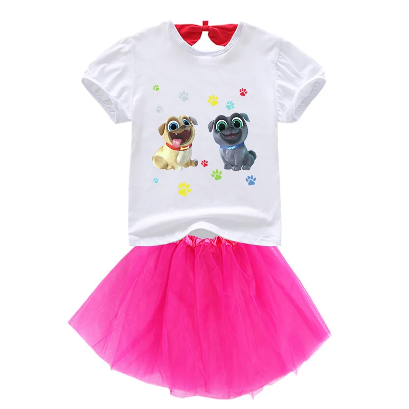

2021 Summer Kids Cute Puppy Dog Pals Clothes Baby Girls T-shirt + Pleated Mesh Skirt 2Pcs Sets Princess Dress Bridesmaid Dresses