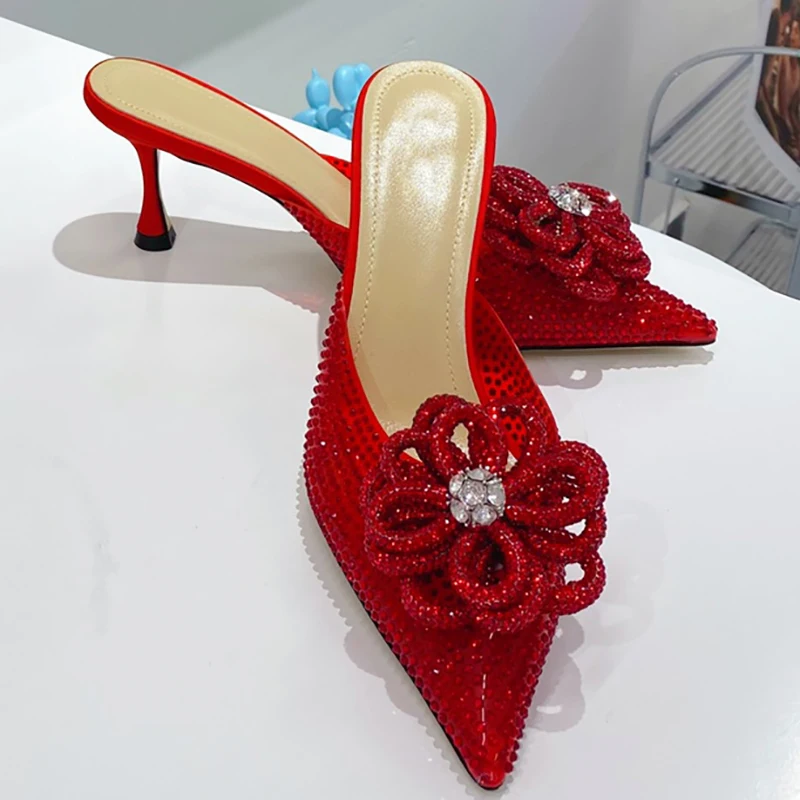 

Summer Women Shoes Bling Rhinestone Flower Slippers Soft PVC Chaussure Femme Fashion Pointed Toe Party Slides High Heels Sandals