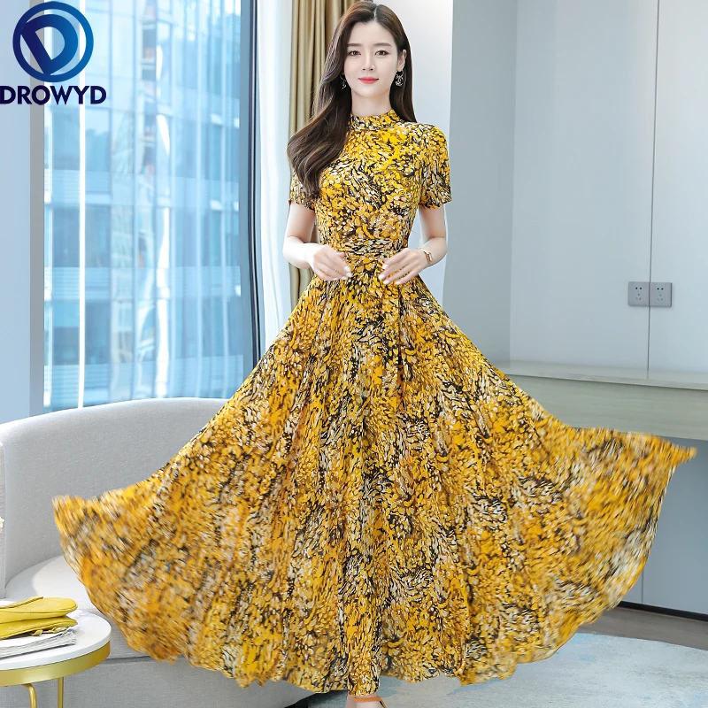 

Женское длинное платье из полиэстера, с цветочным принтом, с коротким рукавом, тонкое, элегантное, летнее, с высокой талией, для вечеринок, 2021