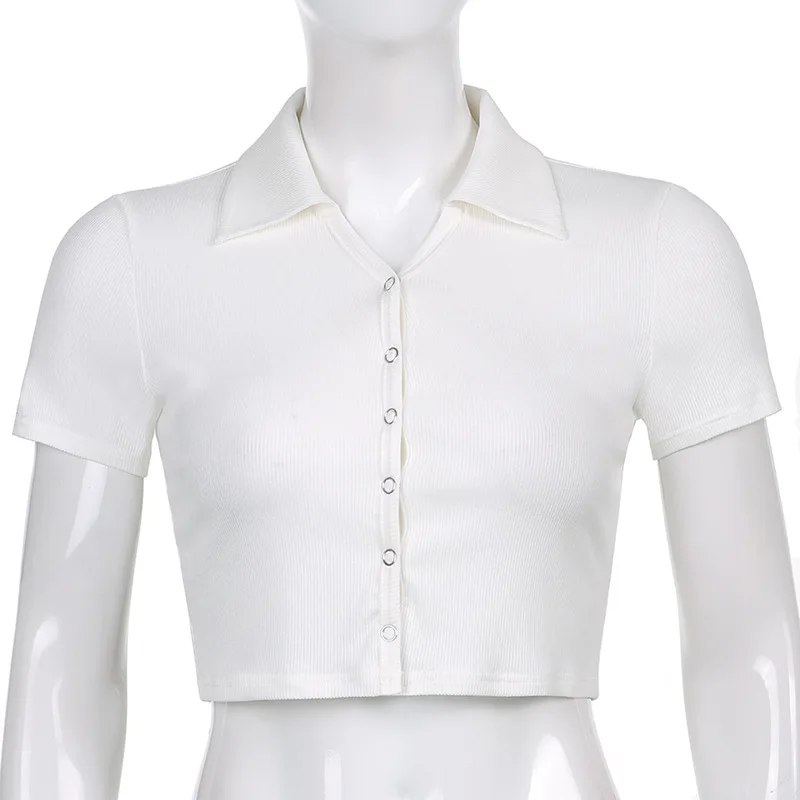 

2021 New Retro Summer Women T-Shirt Sexy White V-Neck Korean Kawaii Sweet Slim Short Shirts Streetwear Turn-Down Neck Casual Tee