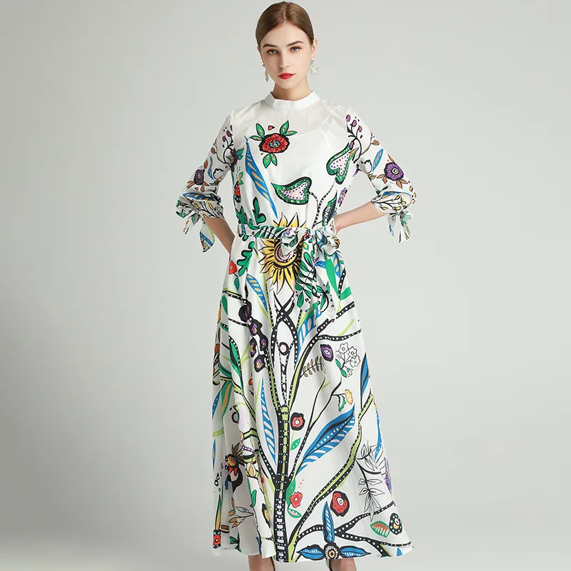 

New Fall Women's Clothing Stand Collar Mid-Waist Temperament Commute Lace-up 3/4 Sleeve Swing Printed Dress Fashion