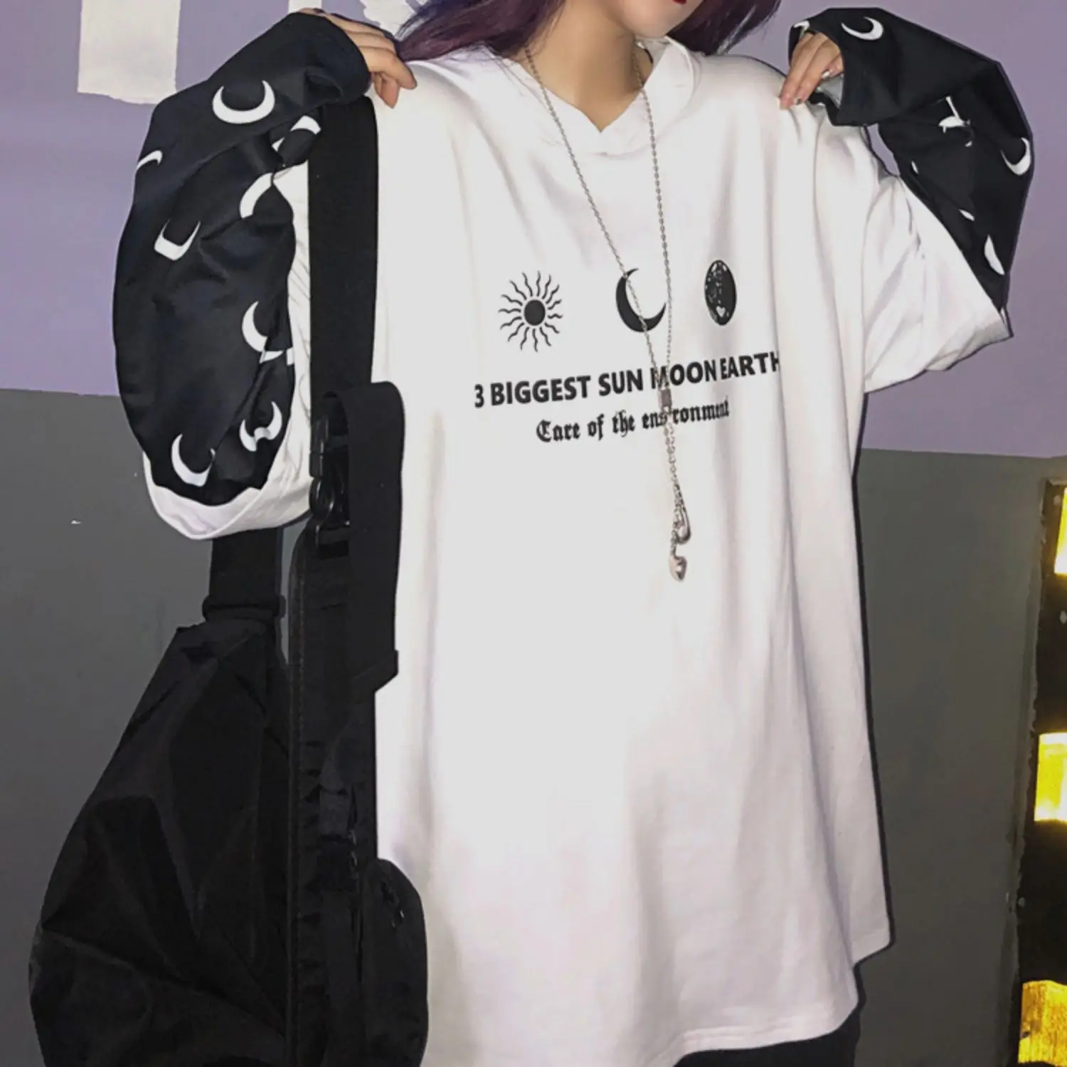 Harajuku уличная Винтажная Футболка для женщин, одежда, осень, корейский Ulzzang, с принтом, с капюшоном, Футболки женские, полный поддельные два топа