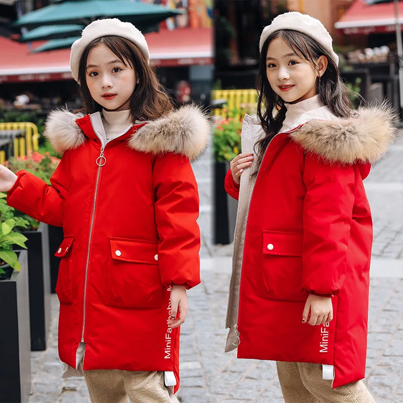 

Winter Children Jacket New 2019 Fashion Real Fur Collar Girls Warm Hooded Long Down Coats Thick Duck Down Kids Outerwears TZ104