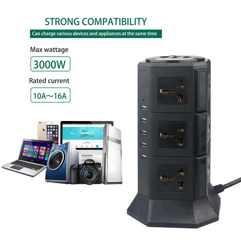 Вертикальная USB лента питания 8/12 EU/UK/US/AU, универсальные розетки с usb-зарядным устройством, защита от перенапряжения 6,6 фута/2 м, удлинитель