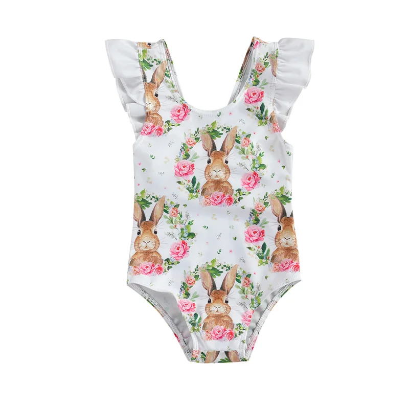 

Summer Cute Rabbit Print Girls One-piece Swimsuit Children Bunny Floral Printing Fly Sleeve Swimwear for Vacation Travel Wear
