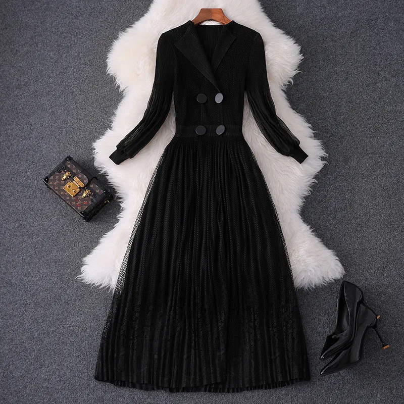 Женское кружевное платье с длинным рукавом черное ажурное до середины икры в