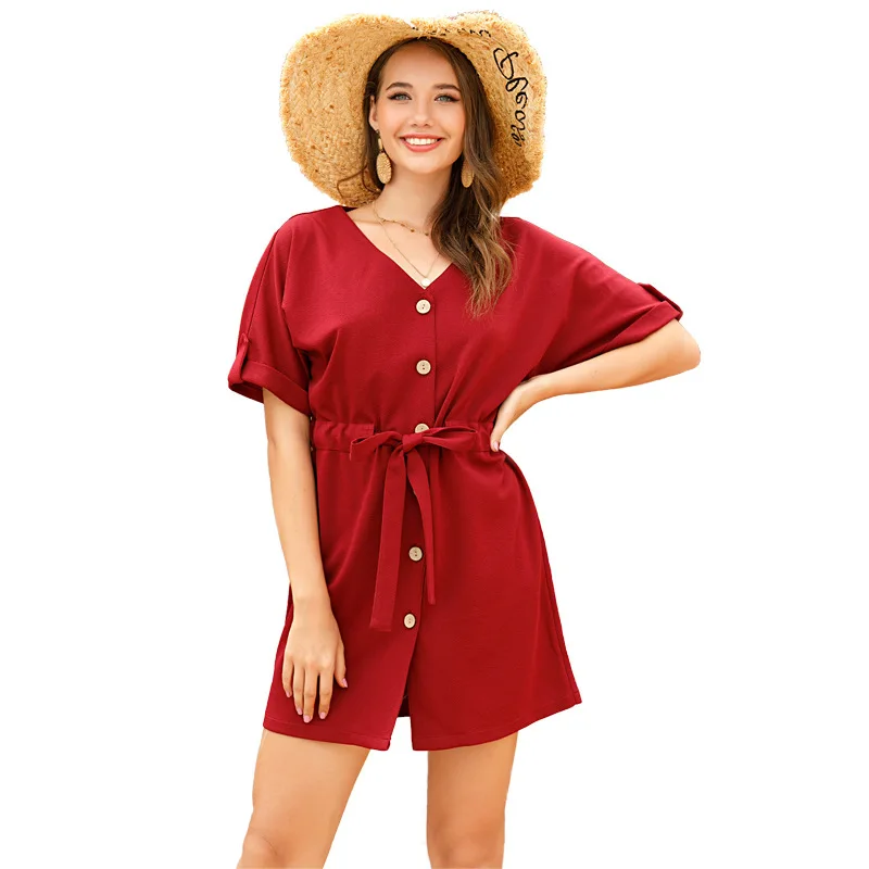 

Europe and the United States in the summer new style waist solid color short sleeves V collar tie shirt dress women
