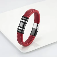 2021 new fashion simple punk style 5 ring stainless steel mens classic bracelet red wide leather rope charm bracelet