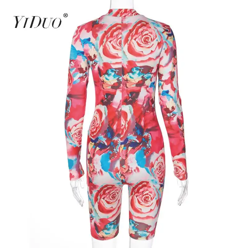 

YiDuo 2020 Floral Print Long Sleeve Deep V Neck Front Zipper Up Sexy Playsuit Autumn Winter Women Clubwear Short Romper Bodycon