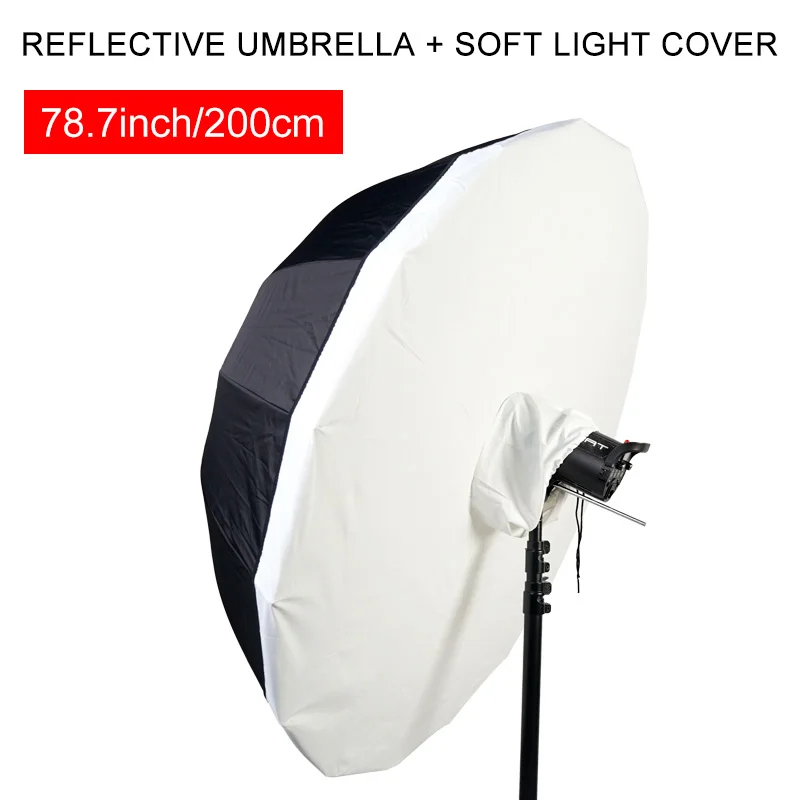 Купи 78.7" 200cm Deep Mouth Reflective Umbrella Diffuser Black Silver Reflection Photography Parabolic Umbrella With Soft Light Cover за 6,435 рублей в магазине AliExpress