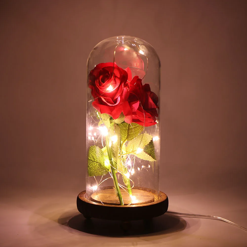 

Rose Kit Red Silk Rose Led Light With Fallen Petals In Glass Dome On Wooden Base For Home Decor Holiday Party