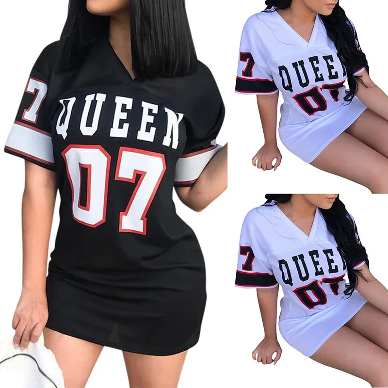 

T Shirt Women Short Dress Hip Hop Queen Printed Long T Shirt Loose V Neck Sexy Mini Dress Robe dresses