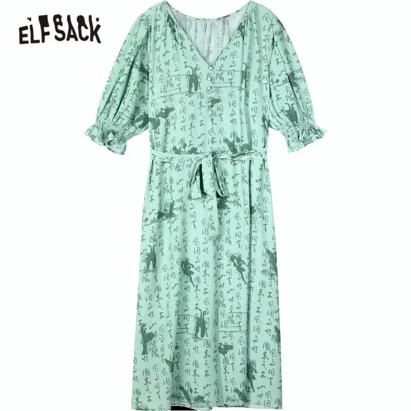 

ELFSACK Green Character Print Chic Button Casual Midi Dress Women 2020 Summer ELF Spilt Side Korean Ladeis Belt Vintage Dresses