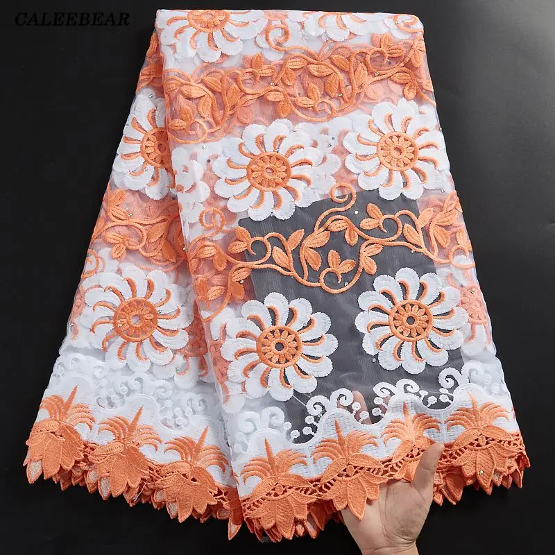 

2021 Fashion African Lace Fabric Peach French Mesh Milk Silk Lace Fabric With Stones Nigerian Tulle Lace Fabric For Dress S2310