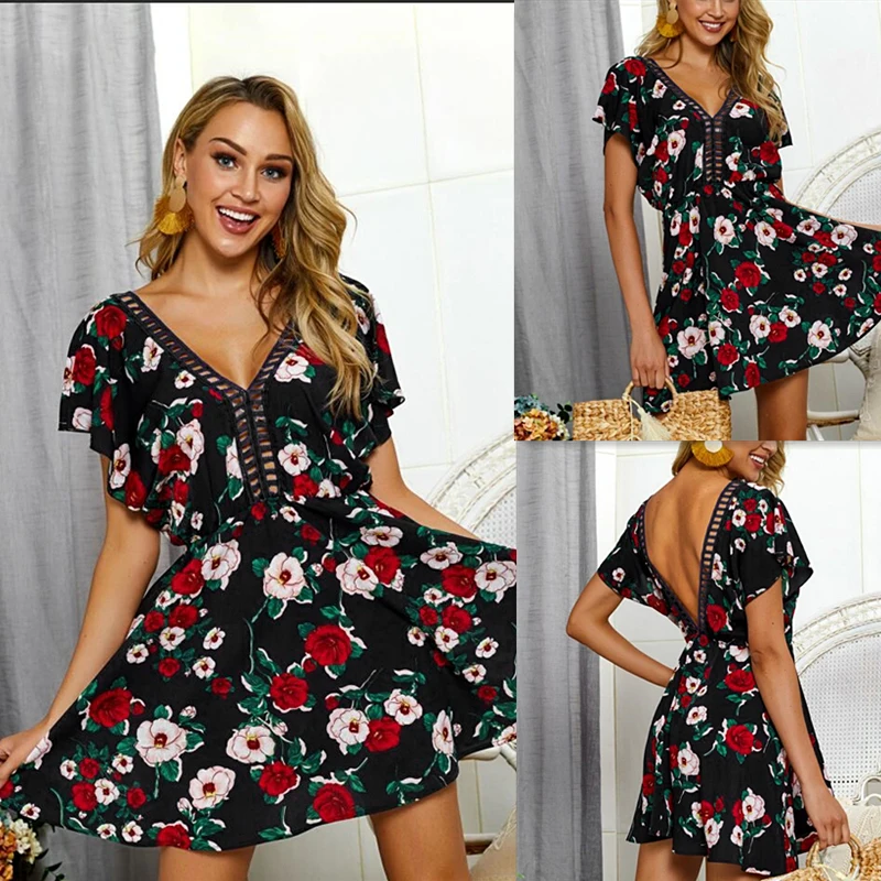 

2020 spring new temperament A-line dress short sleeve printed office lady OL style V-neck short dress