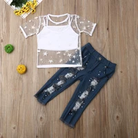 3pcs fashion kids baby girl clothes star print mesh cover up tank top long jeans pearl ripped denim pants outfit