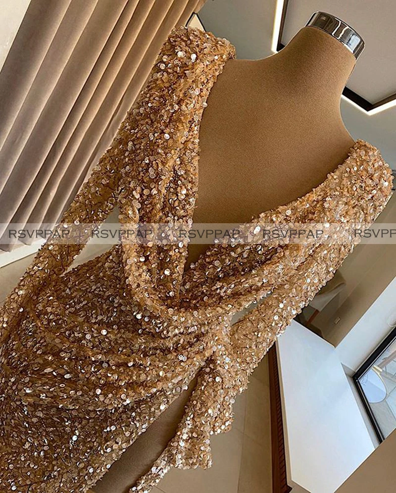 

Long Evening Dresses 2020 Real Sample Sexy Mermaid Long Sleeve High Slit Sequin Dubai Women Formal Evening Gowns