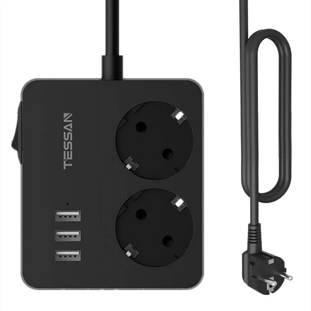 

TESSAN EU USB Socket with 2 EU Outlets 3 USB Ports and Switch 1.5M Extension Cable Portable Power Strip with Overload Protection