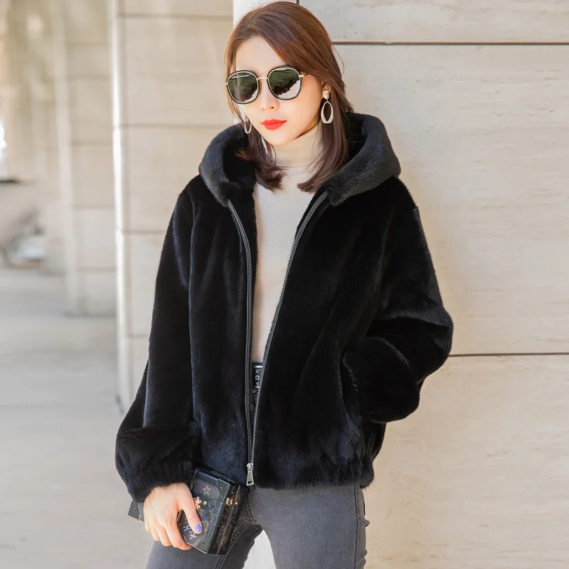 Black Winter Fur Coat Women Jacket  The New Hooded Whole Mink Young Casual Clothes Ladies