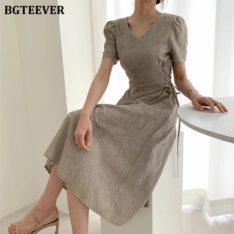 BGTEEVER Retro V-neck Slim Waist Women Dress Elegant Short Sleeve Lace Up Female 2020 Summer Floral Pattern Vestidos femme | Женская