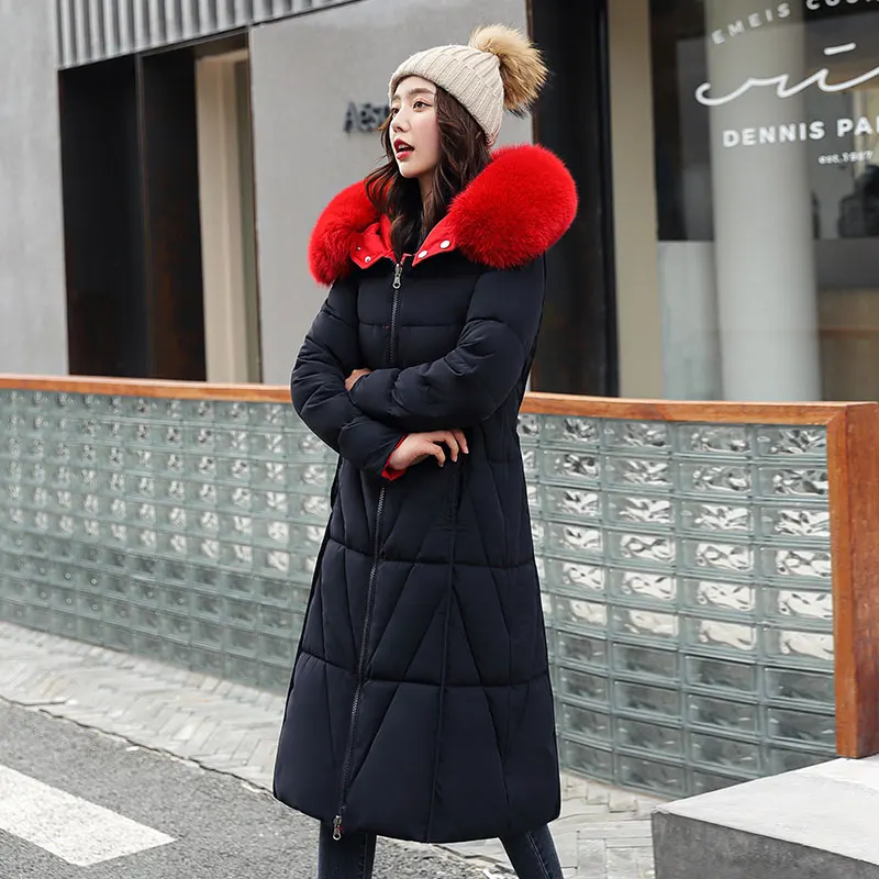 Long hooded Parka Coat Winter Jacket Women Slim Fashion Double-side Wear Parka Fur Collar Jacket Female Office Lady