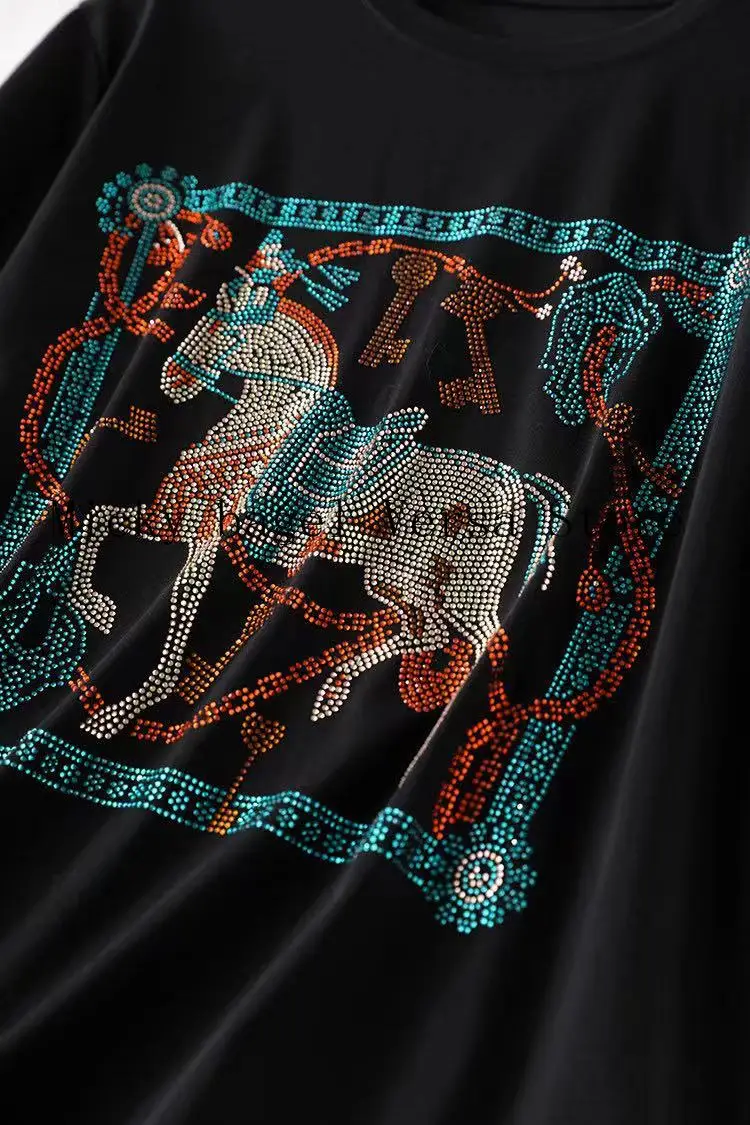 

2021 luxury design cartoon horse hot drill fashion women's half sleeve top loose short sleeve casual cotton graphic T-shirt