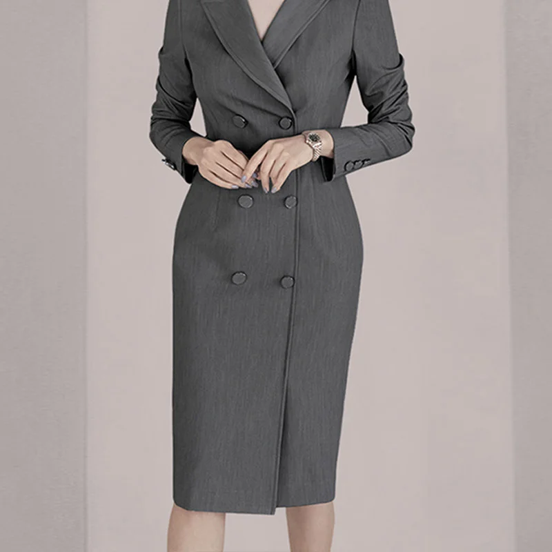 

Elegant OL Pencil Dress Notched Collar Double Breasted Women Dress Autumn Sheath Bodycon Dresses Party Vestidos T3232