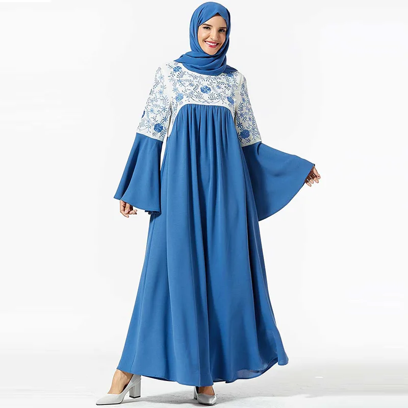 

Middle Eastern Women's Embroidered Pocket Multicolor Pleated Dress Muslim Ethnic Long Dress Saudi Arabia Long Sleeve Dress