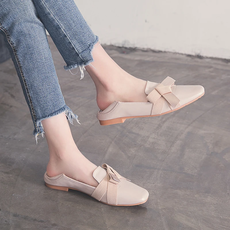 Elegant Beige Women Loafers Slip-on Butterfl Knot Flat Ladies Boat Shoes Autumn Spring Casual | Обувь