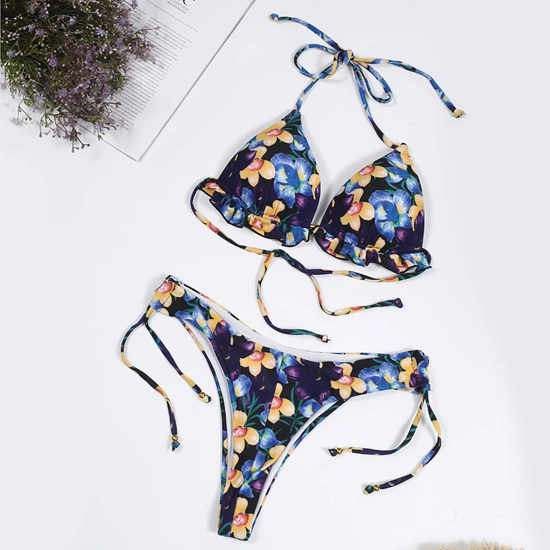 

2021 Sunflower Printed Bikini Set Sexy Swimwear Women Mujer Push Up Padded Bathers Bandage Bathing Suit Swimsuit Bikini