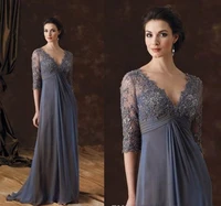 elegant grey chiffon long mother of the bride groom dresses with half sleeve sexy v neck lace prom party dress