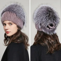jkp hot sale fashion winter warm ladies mink knit hat with fox fur fur ball ear protection russia hot sale beanie cap 20gyr 01