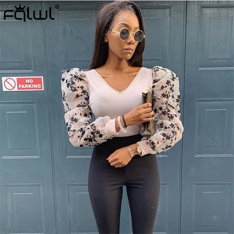 FQLWL фольральная с принтом сетчатая сексуальная блузка женские топы 2019 пэчворк