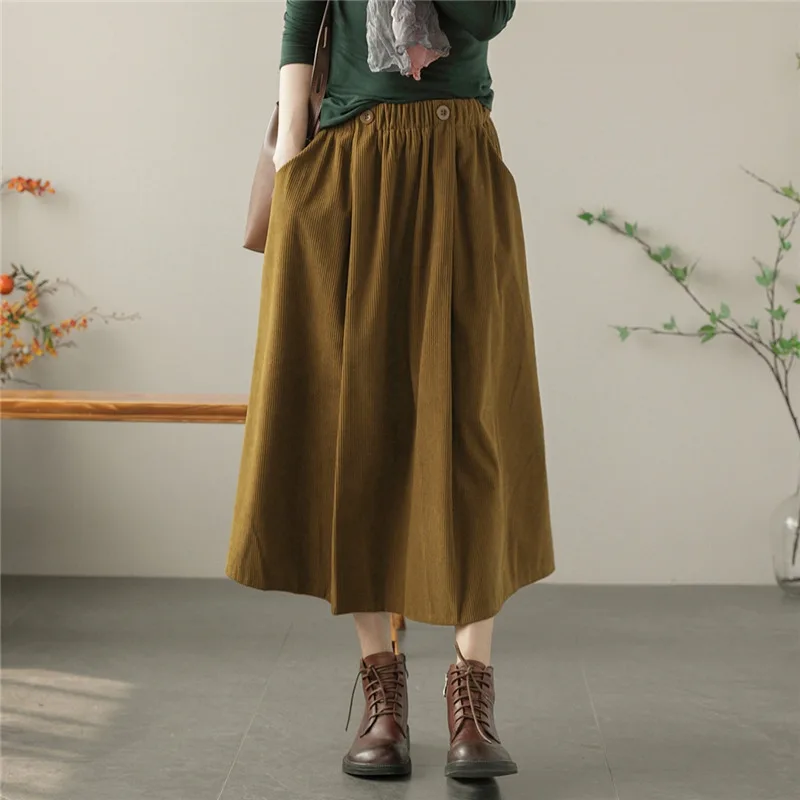 

Limiguyue A Line Corduroy Skirt Autumn Women Elastic Waist Midi Skirts Pockets Vintage Solid Looose Jupe Arts Style Winter K3743