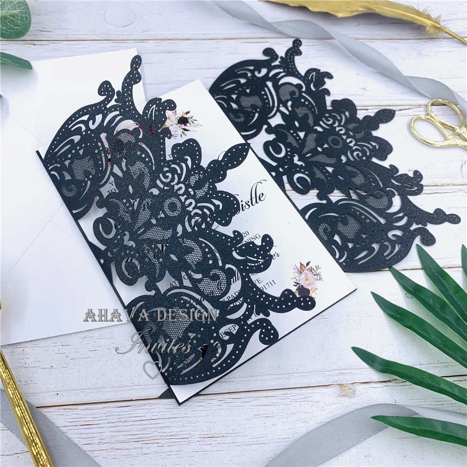 Elegant And Gorgeous Black Invites With Laser Cut Wrap Glitter Belly Band Free Design | Дом и сад