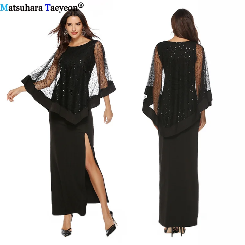 

2019 New arrived Fashion Sequins black dress women's wear Long dress Mesh cloak sleeves Women dresses