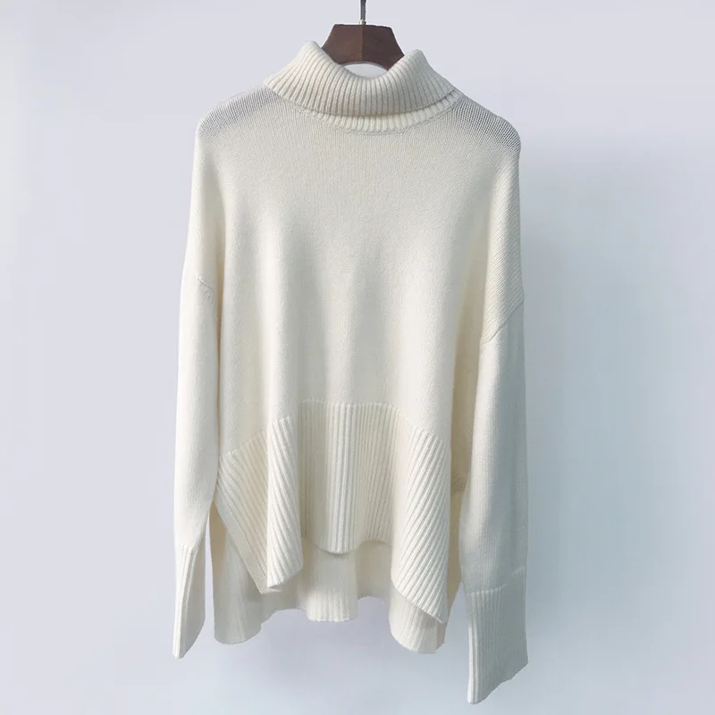 Women Sweater 2021 Fall/Winter High Neck Cashmere Blend Loose Slit with Hem |