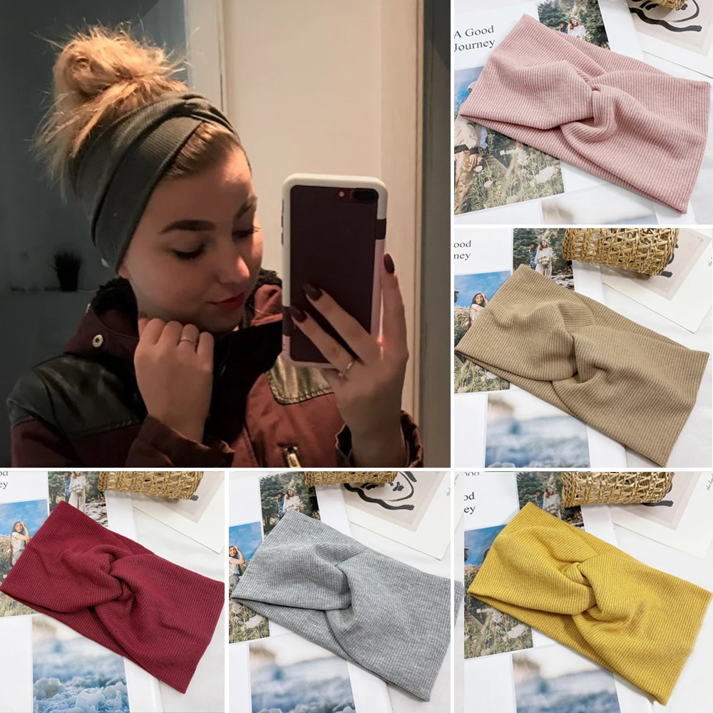 

Women Headband Solid Color Wide Turban Twist Knitted Cotton Hairband Hair Accessories Twisted Knotted Headwrap