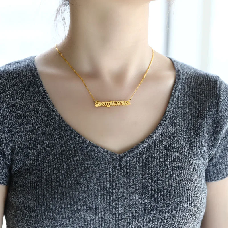 

Old English Letter Zodiac Sign Necklace For Women Men Gold Stainless Steel Chain Constellation Pendant Necklace Jewelry BFF 2020