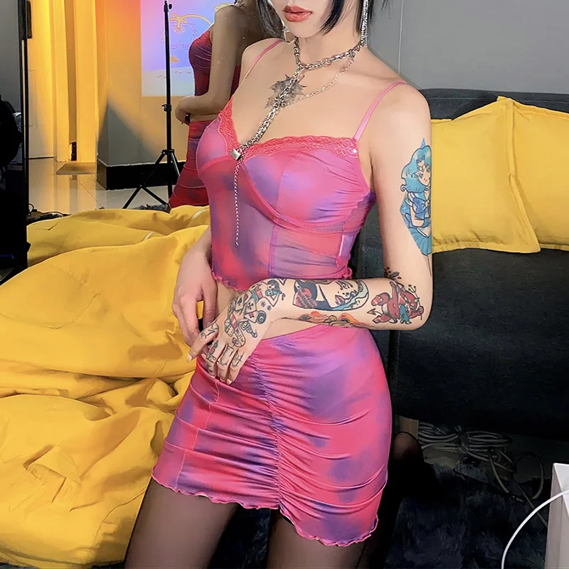 

Lace Two Piece Sets Printed Ruffles Skinny Summer Suits Ruched Sexy Women's Clothes 2021 Tops Skirt Bodycon Outfit Dress Suits