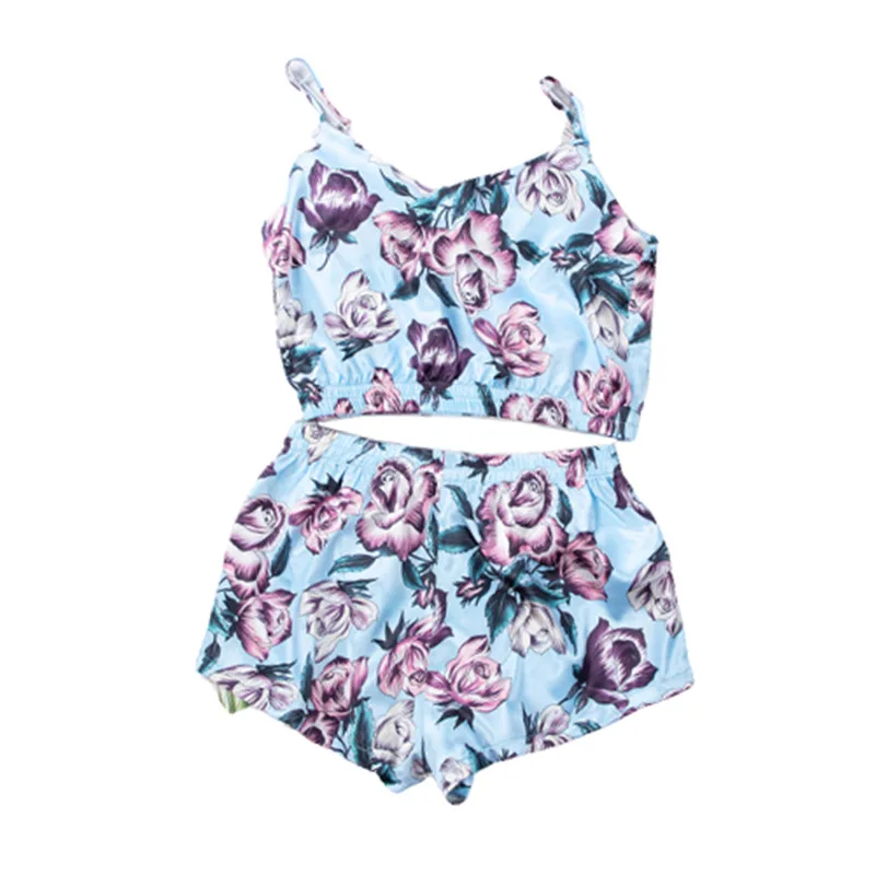 Fashion Rose Print Suspender Pajamas Set Satin Sexy Pyjamas Women Sleepwear Summer Sleeveless V-neck Top Shorts For Sleep