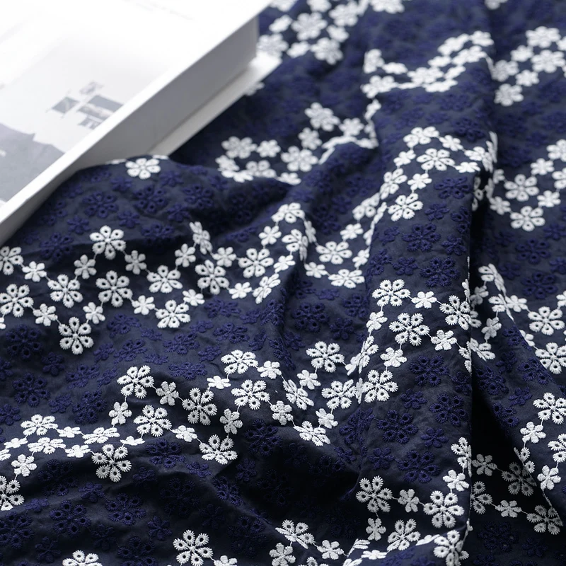 

NEW Navy 100% Cotton Cloth Hollow-out Embroidered Lace Fabric Handmade DIY Clothes Accessories Width 130cm 1 meter