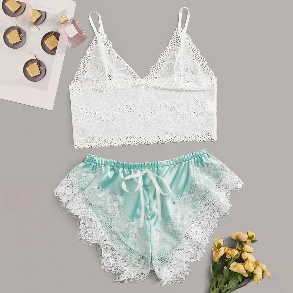 

Spaghetti Strap Lace Pajama Set Sleeveless Trim Bowknot Pyjamas Sleep Shorts Set Lace Pijama Suit Sleepwear Women Sexy Nighties