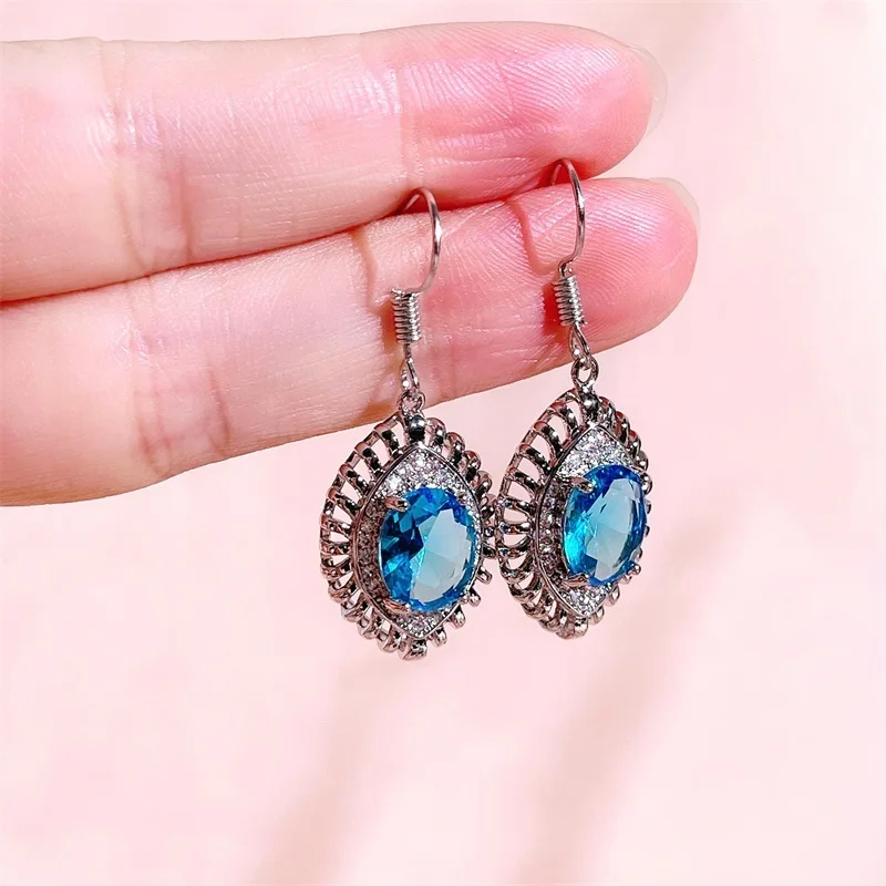 

Bague Ringen Silver 925 Drop Earrings For Women Fine Jewelry Simple 8*10mm Oval Aquamarine Water Drop Shaped Ear-drops Wholesale