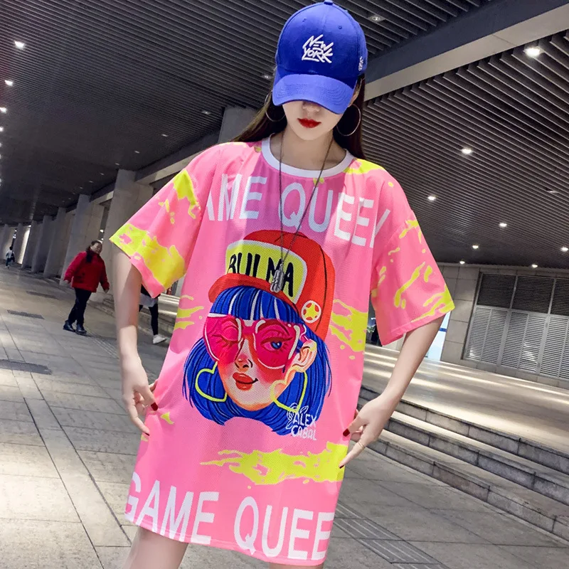 

2022 Summer New Loose Slimming Casual Ice Silk Short Sleeved T-shirt Dress Korean O-neck Hip Hop Stretch Women Top Free Shipping