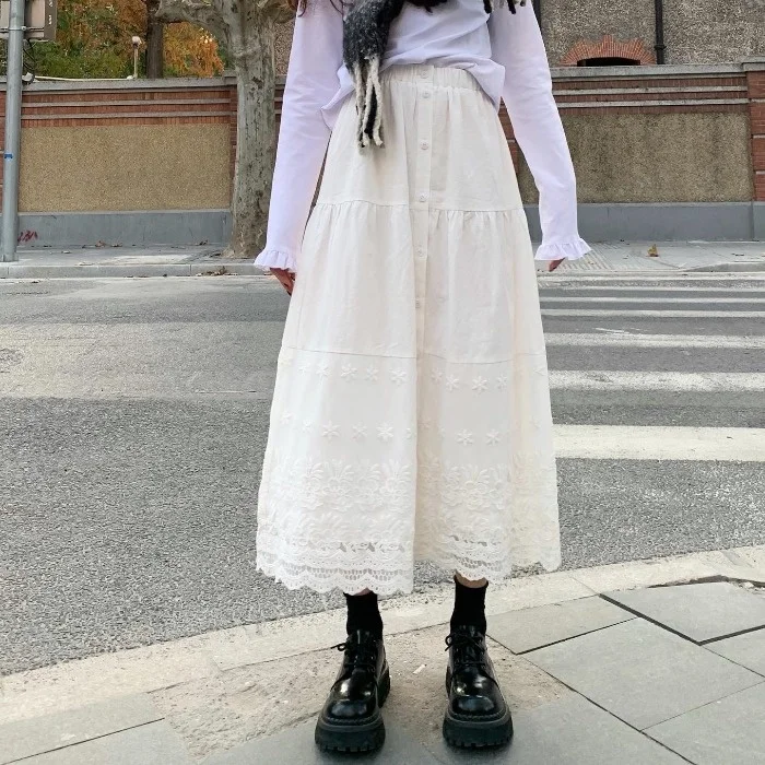 

Женская юбка Новинка весна-осень 2020 Стильная белая популярная юбка А-силуэта с высокой талией универсальная кружевная юбка средней длины