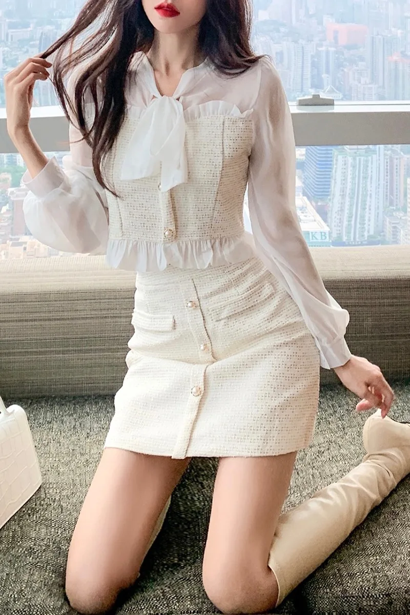 

New bow net sleeve top + high waist skirt in early autumn 2020