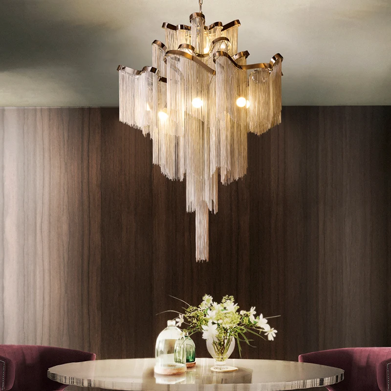 

Nordic Tassel Chain Pendant Lights Creative Luxury Hanging Light Silver Gold Aluminium Chain Pendant Lamp Light Fixtures