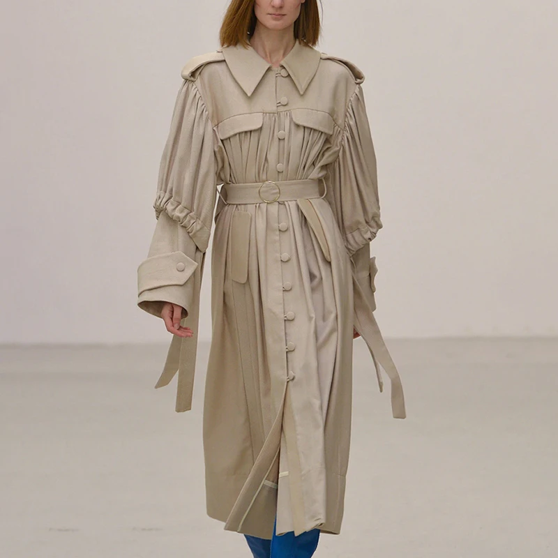 TWOTWINSTYLE, корейские женские пальто из искусственной кожи, воротник с лацканами, пышные рукава, высокая талия, на шнуровке, Женское пальто,, осенняя мода, новинка