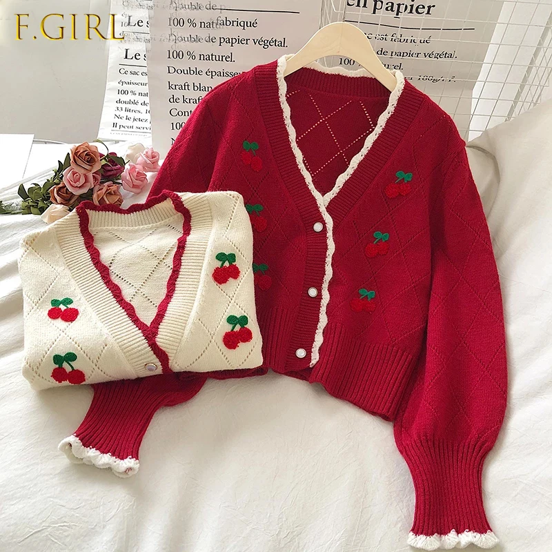

Embroidered Cardigans Knit Wear Sweet Puff Sleeve Short Mujer Chaqueta Autum Winter V Neck Cherry Sweaters Women